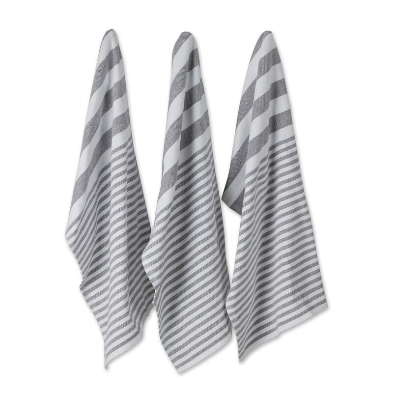 Set of 3 White and Mineral Gray French Terry Nautical Stripe Dish Towel  28"