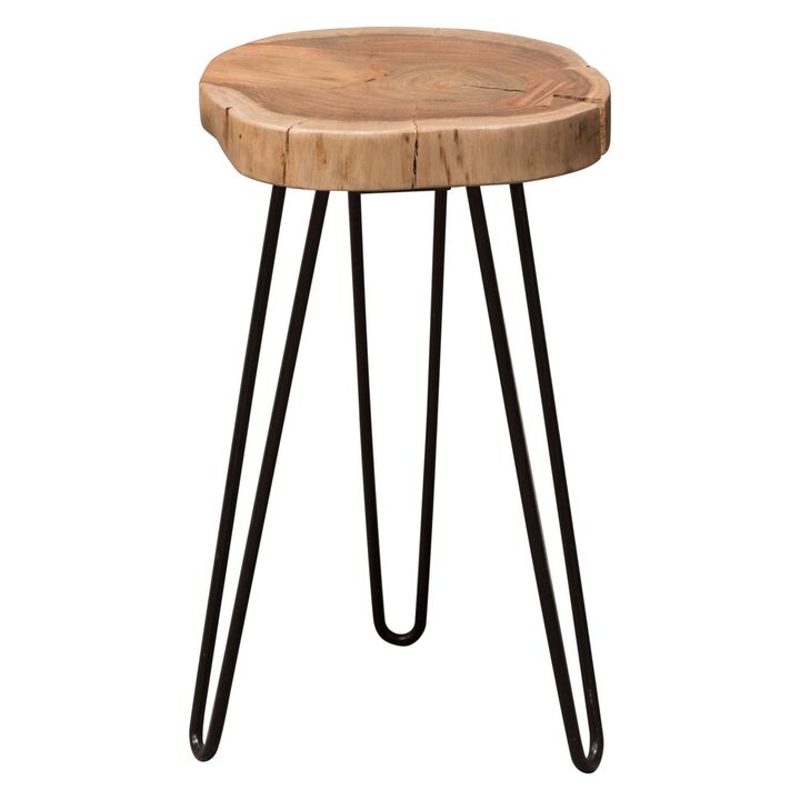 23 Inch Side End Table, Hairpin Legs, Natural Brown Acacia Wood, Black Base - Benzara