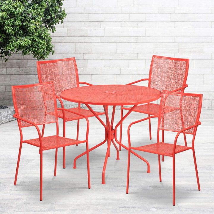 Flash Furniture Oia Commercial Grade 35.25" Round Coral Indoor-Outdoor Steel Patio Table Set with 4 Square Back Chairs