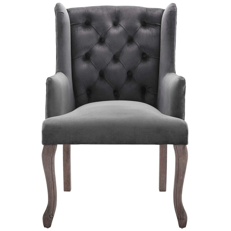 Modway Realm French Vintage Tufted Performance Velvet Kitchen and Dining Room Arm Chair in Gray