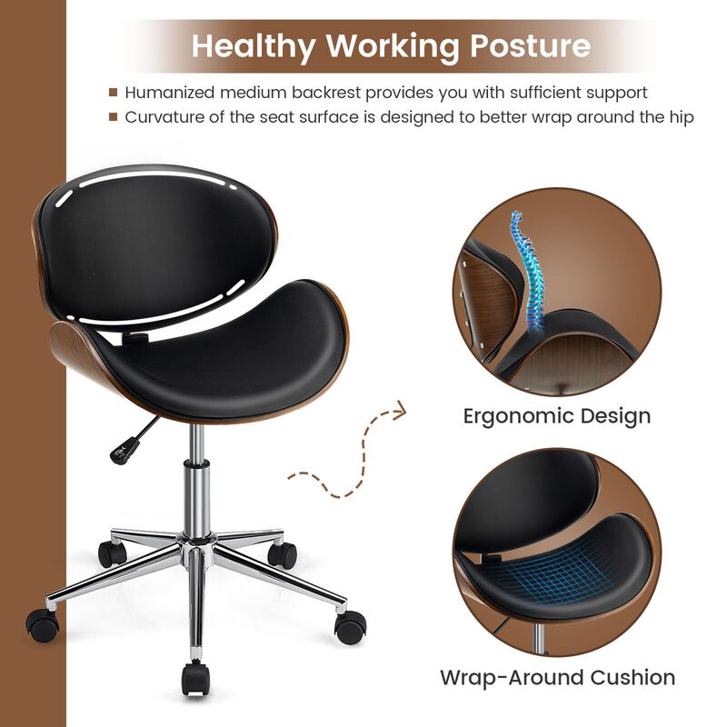 Adjustable Leather Office Chair Swivel Bentwood Desk Chair with Curved Seat-Black