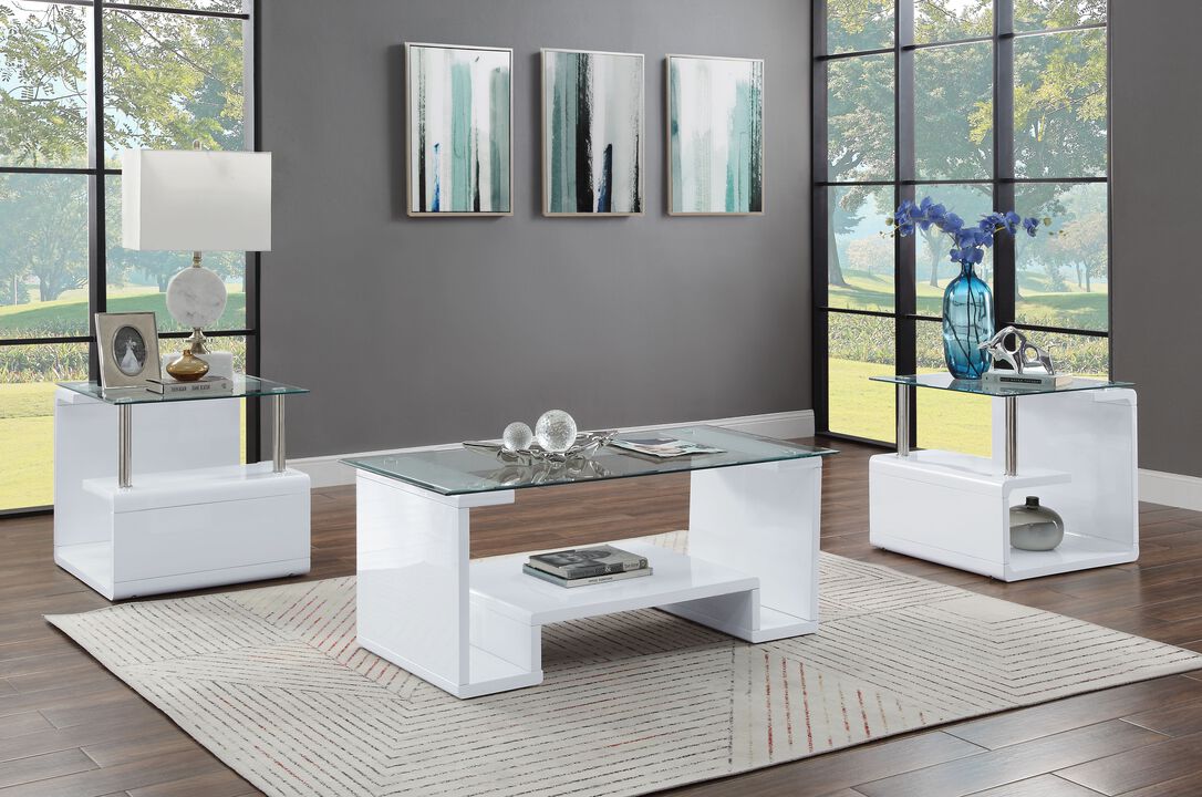 ACME Nevaeh End Table, Clear Glass & White High Gloss Finish