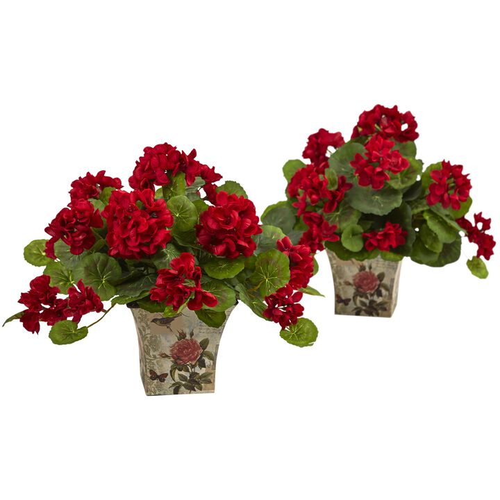 Hivvago Geranium Flowering Silk Plant with Floral Planter (Set of 2)