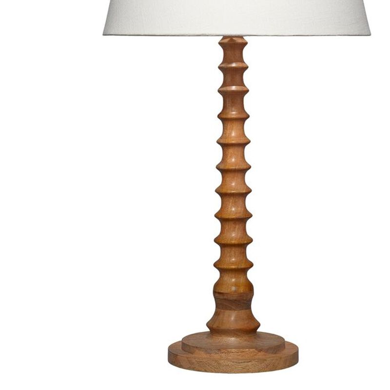 Dio 31 Inch Table Lamp, White Slub Drum Shade, Brown Turned Wood Base - Benzara