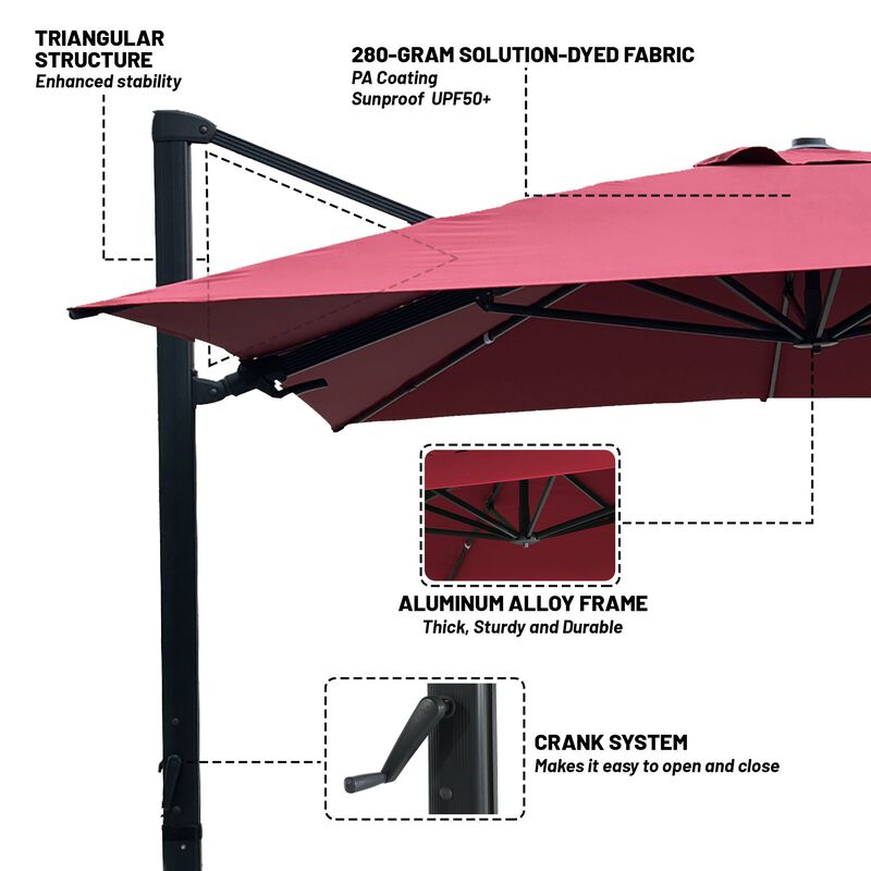 10x13 ft. 360° Rotation Outdoor Patio Cantilever Umbrella with Base in Red