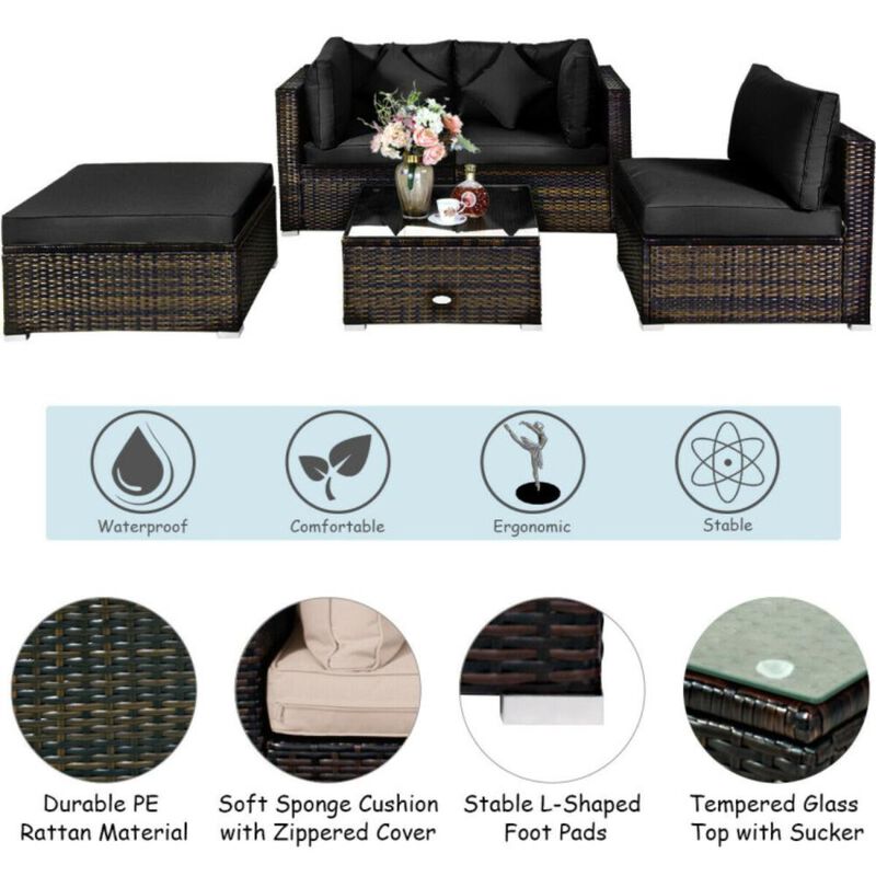 Hivvago 5 Pcs Outdoor Patio Rattan Furniture Set Sectional Conversation with Navy Cushions