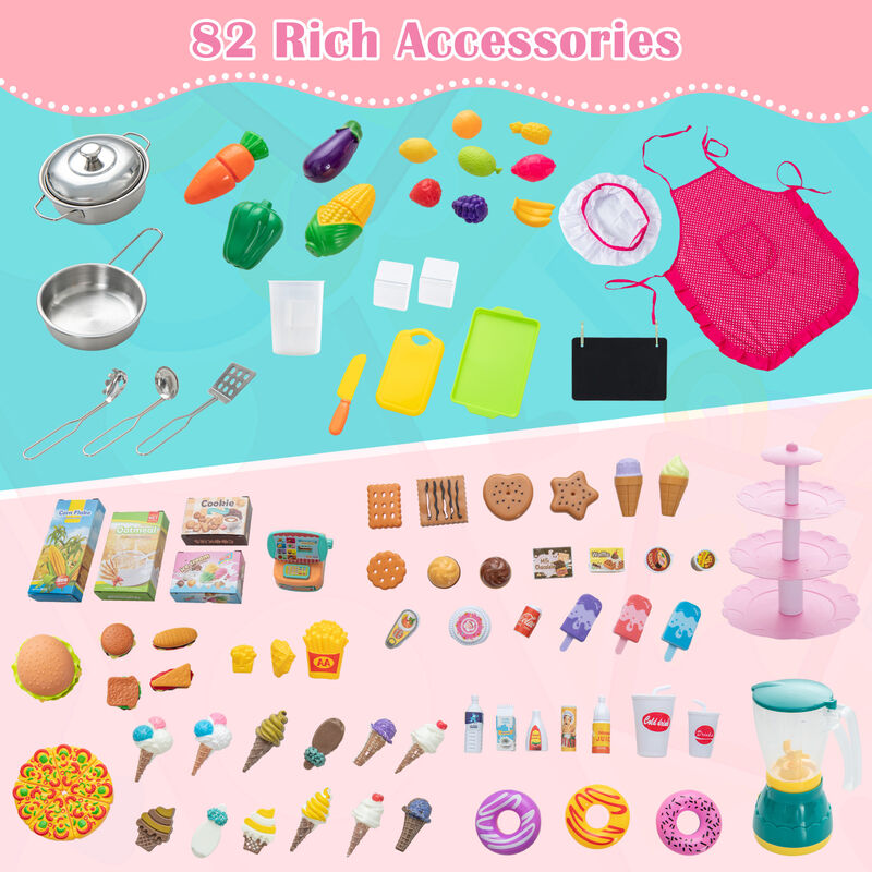 2-in-1 Double-sided Kids Kitchen and Market with Realistic Light and Sound-Pink