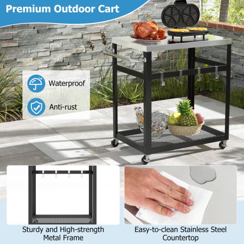 Hivvago 2-Tier Stainless Steel Grill Cart with 4 Hooks and Wheels BBQ Table