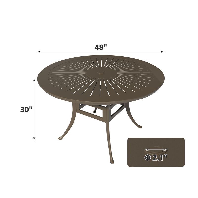 Mondawe 48" Powder Coated Round Cast Aluminum Outdoor Dining Table with 2.1 inch Umbrella Hole