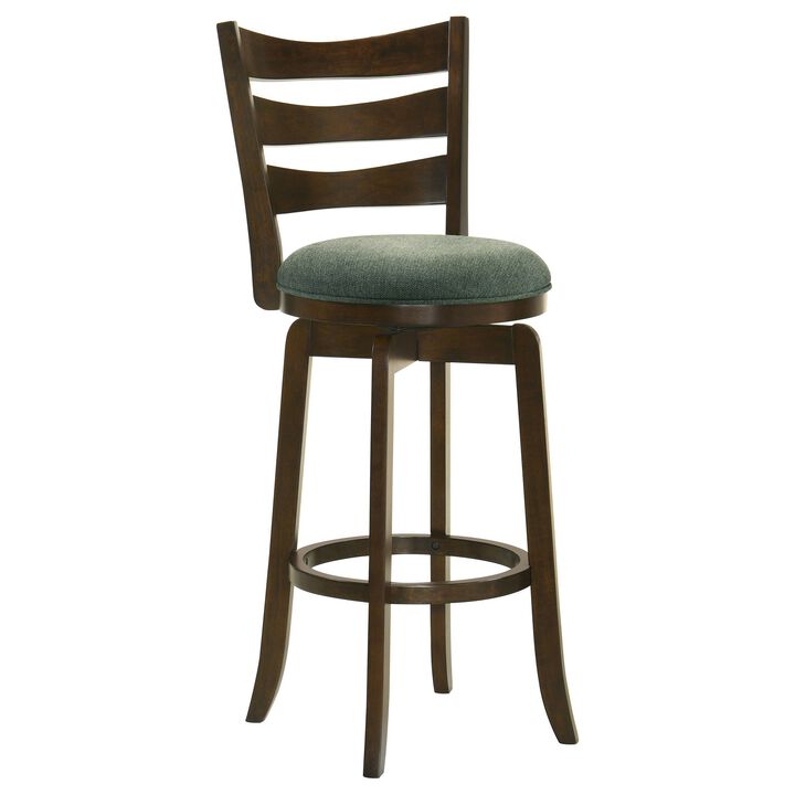Mona Swivel Barstool Chair, Hunter Green Fabric, Dark Cherry Brown Finish - Benzara