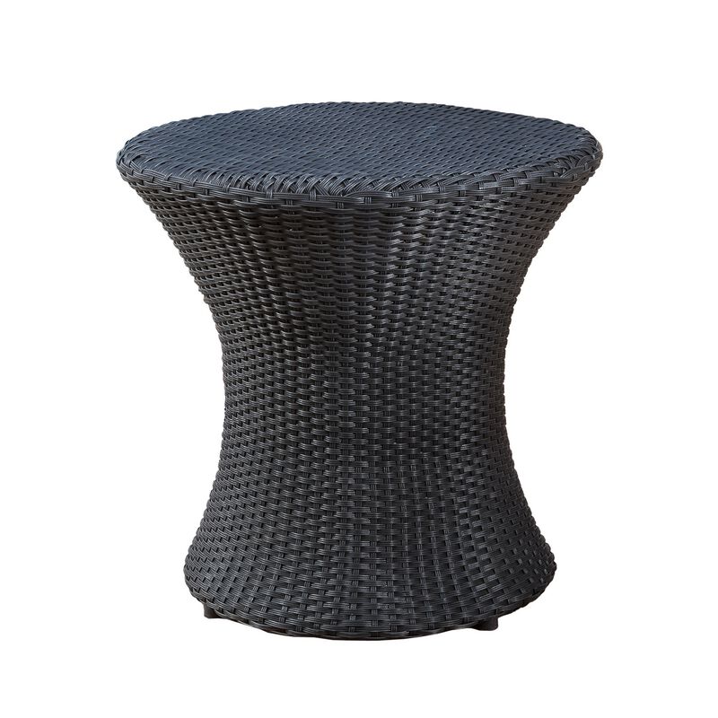 Loco Outdoor Side Table, Hourglass Shape, Round 20 Inch, Black Rattan - Benzara
