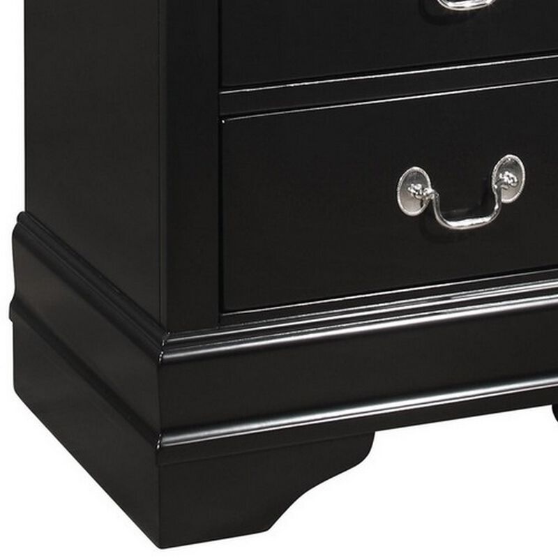 2 Drawer Wooden Frame Nightstand with Antique Metal Pulls, Black-Benzara