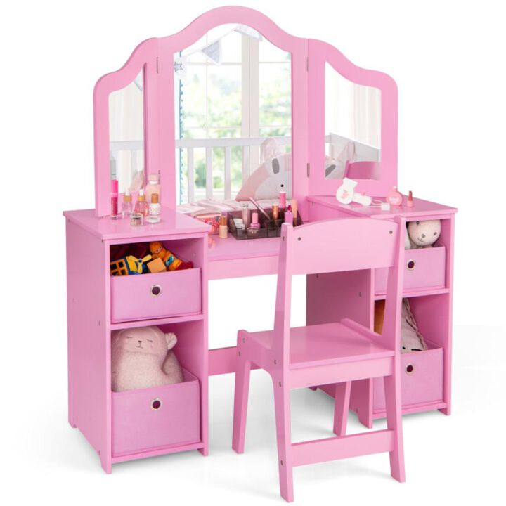 Hivvago Kids Vanity Table and Chair Set with Removable Mirrors and 4 Storage Bins