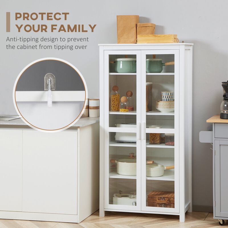 White Kitchen Tower: 5-Tier Pantry with Glass Doors