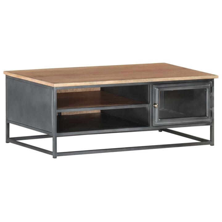 vidaXL Solid Acacia Wood Coffee Table with Storage Compartments and Glass Door, Stylish Hardwood Center Table with Steel Legs for Living Room or Office, Gray, 35.4"x19.7"x13.8"