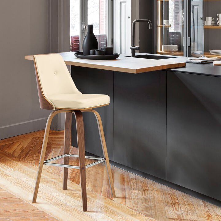 Nolte Swivel Bar Stool in Cream Faux Leather and Walnut Wood
