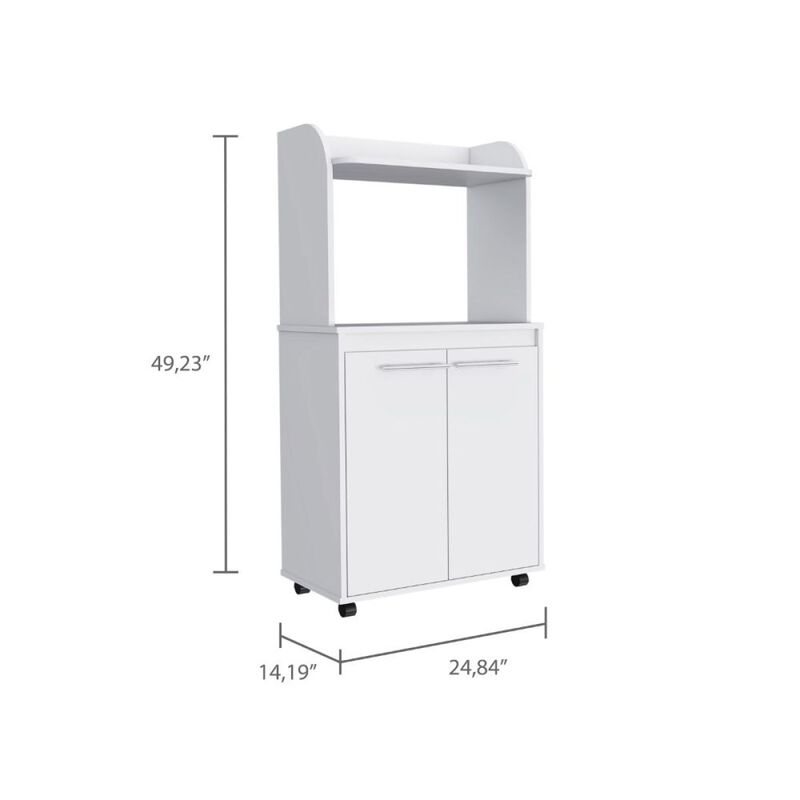 Kira Kitchen Kart, Double Door Cabinet, One Open Shelf, Two Interior Shelves - White