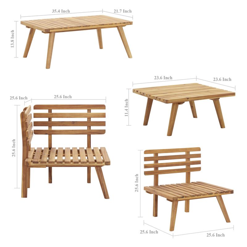Roma 5pc Outdoor Modular Corner Sofa Set, Coffee Table, Footrest, Wood - Benzara