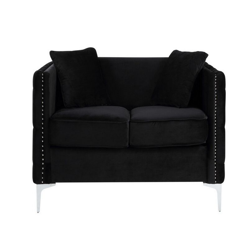 Zion 53 Inch Accent Loveseat, Handmade Nailhead Trim, Tufted, Black Velvet-Benzara