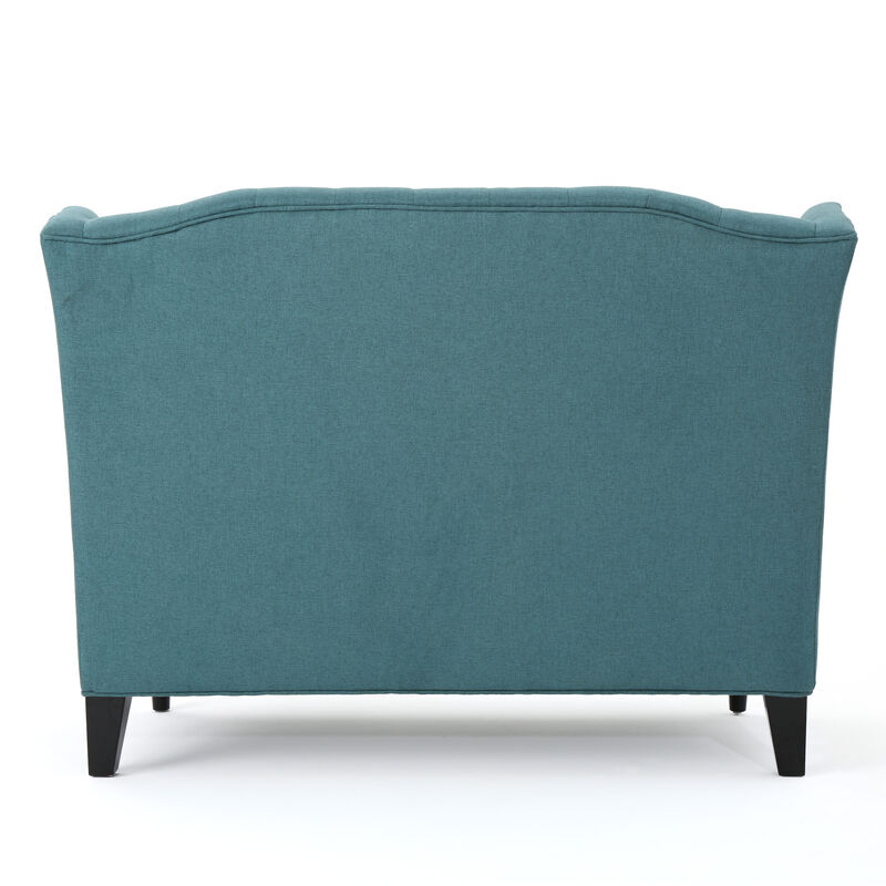 Lanny Loveseat Settee, Wingback Bench 50 Inch Wood, Tufted Teal Velvet - Benzara