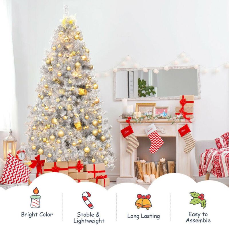 Hivvago 7.5 Ft Hinged Unlit Artificial Silver Tinsel Christmas Tree