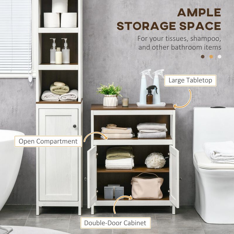 White/Walnut Bathroom Storage: Freestanding Cabinet with Open Shelf