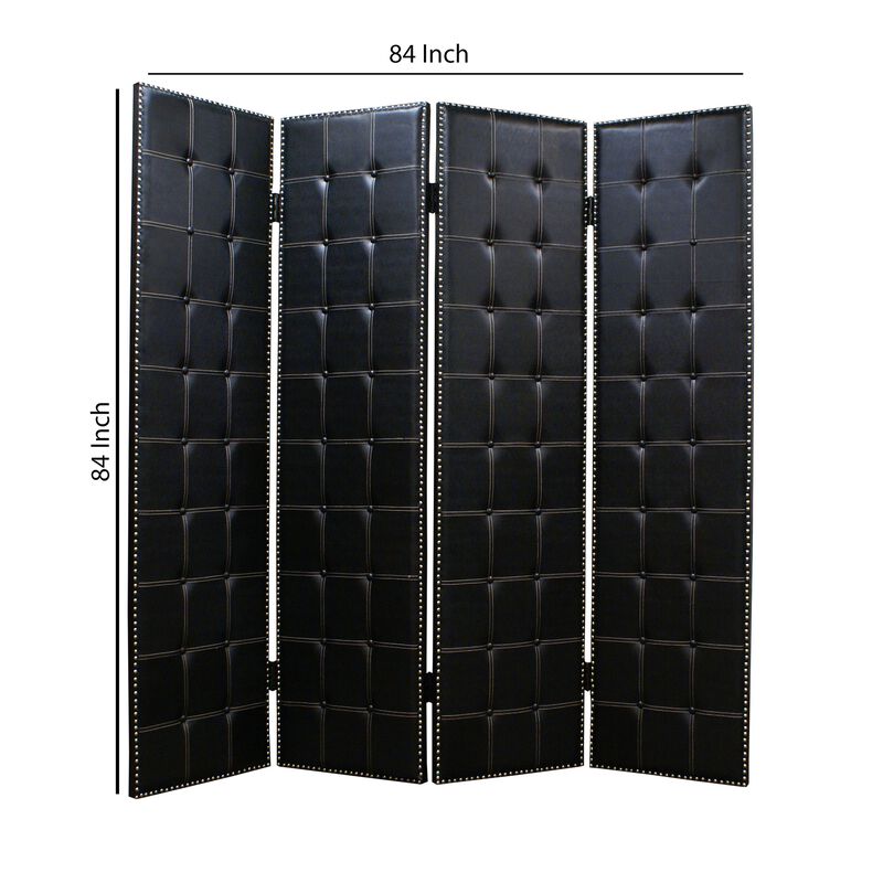Wooden 4 Panel Screen with Button Tufting and Nailhead Trims, Black-Benzara