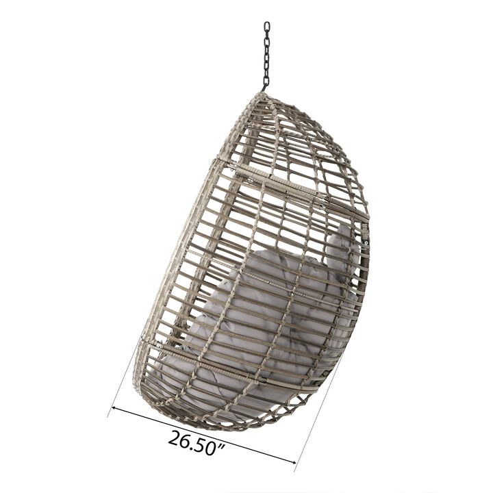 Jaya Outdoor Hanging Chair, Basket Shape, Gray Rattan, Steel, 47 Inch - Benzara