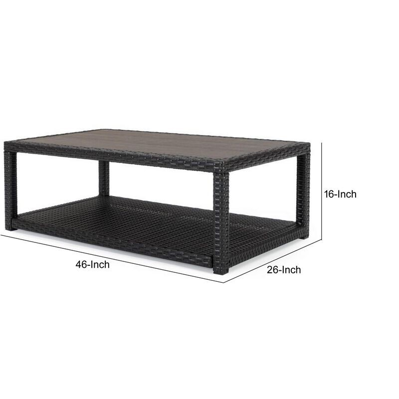 Coco 46 Inch Modern Patio Coffee Table with Shelf, Wicker Frame, Espresso-Benzara