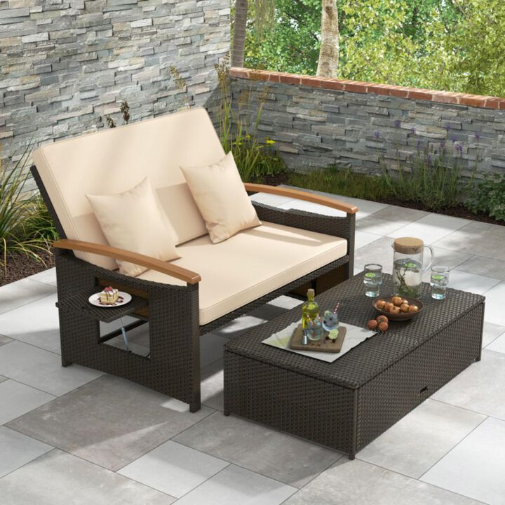 Hivvago Outdoor Wicker Daybed with Folding Panels and Storage Ottoman