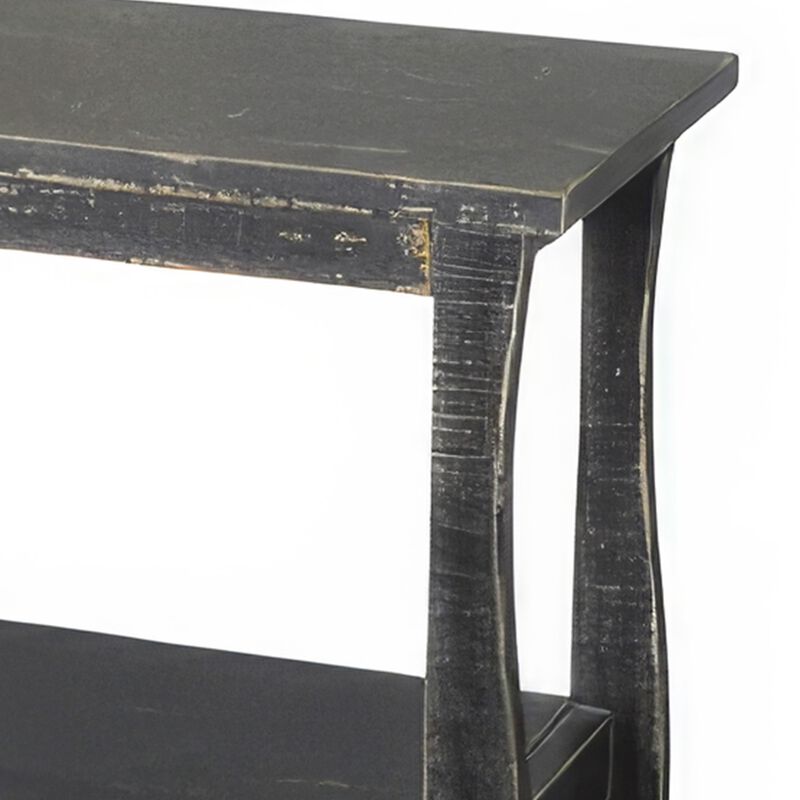 Rena Side End Table with Scallop Trim, 28 Inch Rustic Black Mahogany - Benzara