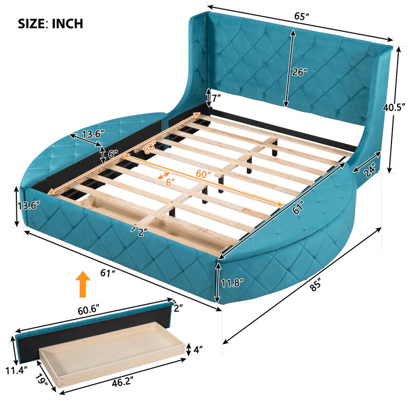 Streamdale Queen Velvet Platform Bed with Headboard & Drawer