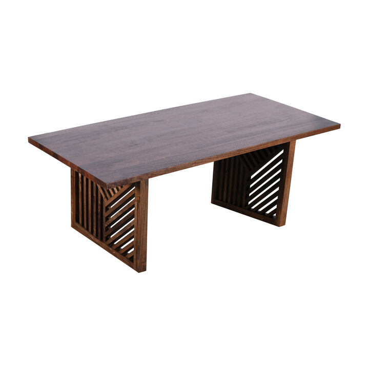 Rise 76 Inch Dining Table, Rectangular Top, Patterned Base, Brown Wood - Benzara