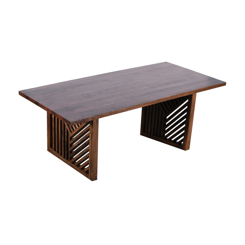 Rise 76 Inch Dining Table, Rectangular Top, Patterned Base, Brown Wood - Benzara