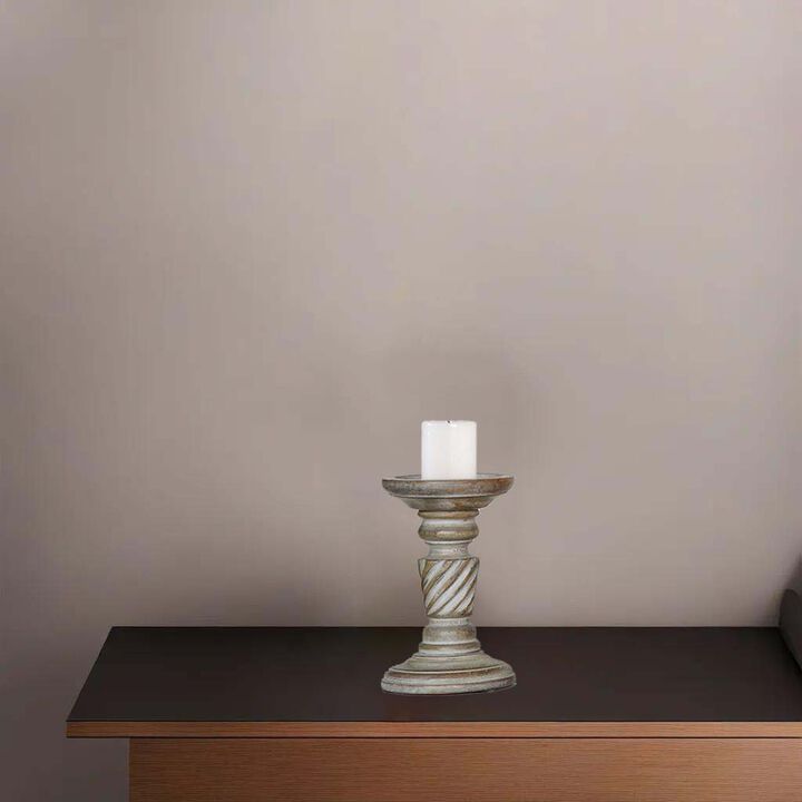 Traditional Gray Wash Eco-friendly Handmade Mango Wood Set Of One 6" Pillar Candle Holder BBH Homes