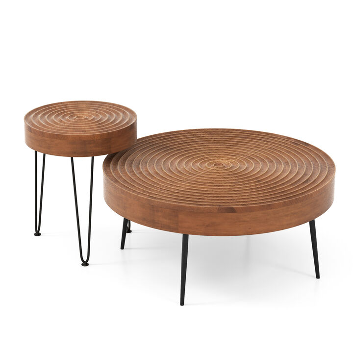 Set of 2 Wooden Coffee Table with Metal Legs and Adjustable Foot Pads