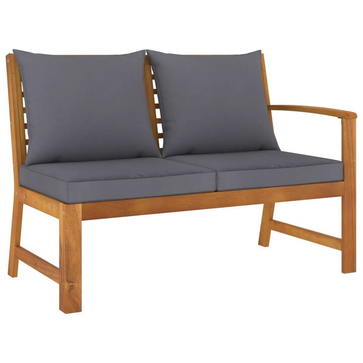 Outdoor Bench, Gray Fabric Cushions, Slatted Brown Solid Acacia Wood - Benzara