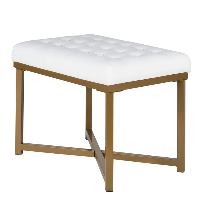 Metal Framed Bench with Button Tufted Velvet Upholstered Seat, White and Gold - Benzara