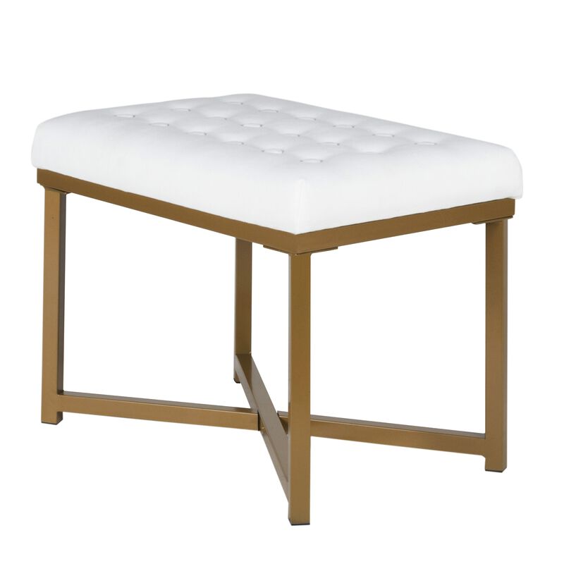 Metal Framed Bench with Button Tufted Velvet Upholstered Seat, White and Gold - Benzara