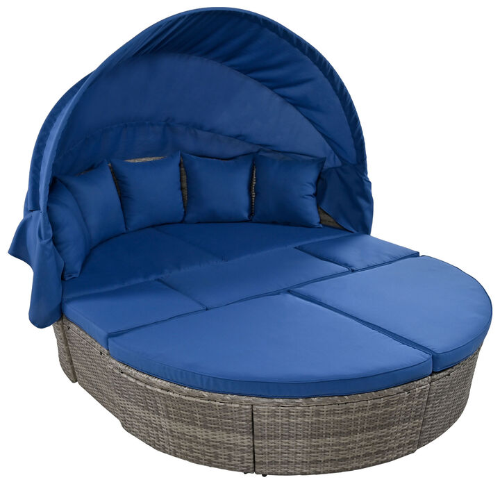 Whisen Outdoor Rattan Daybed Sunbed with Retractable Canopy Wicker Furniture, Round Outdoor Sectional Sofa Set