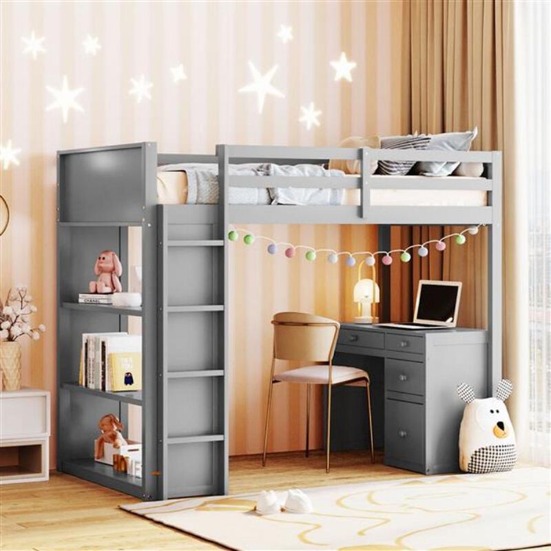 Loft Bed with Ladder Space-Saving Design with Built-In Shelves & Desk