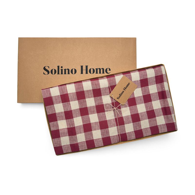 Solino Home 100% Pure Linen Table Throw 52 x 52 Inch | Morgan Check for Thanksgiving, Christmas