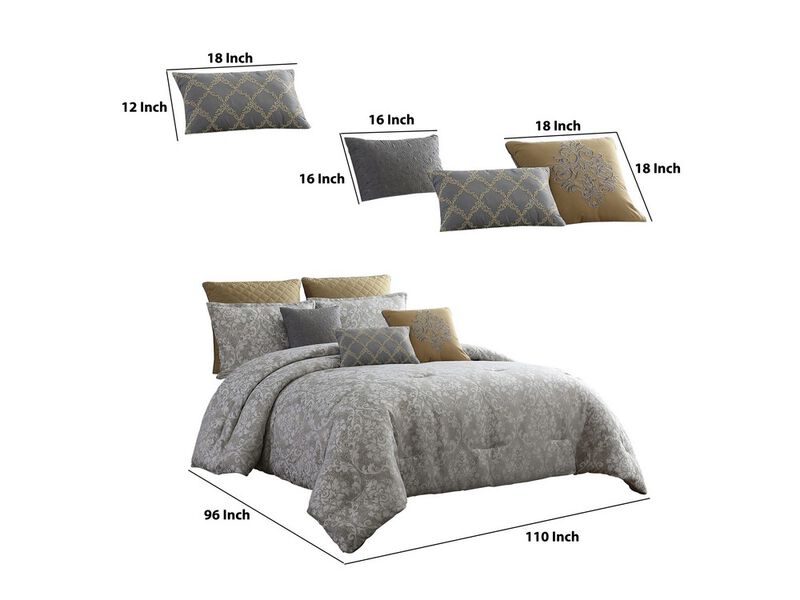 9 Piece King Polyester Comforter Set with Medallion Print, Gray and Gold - Benzara