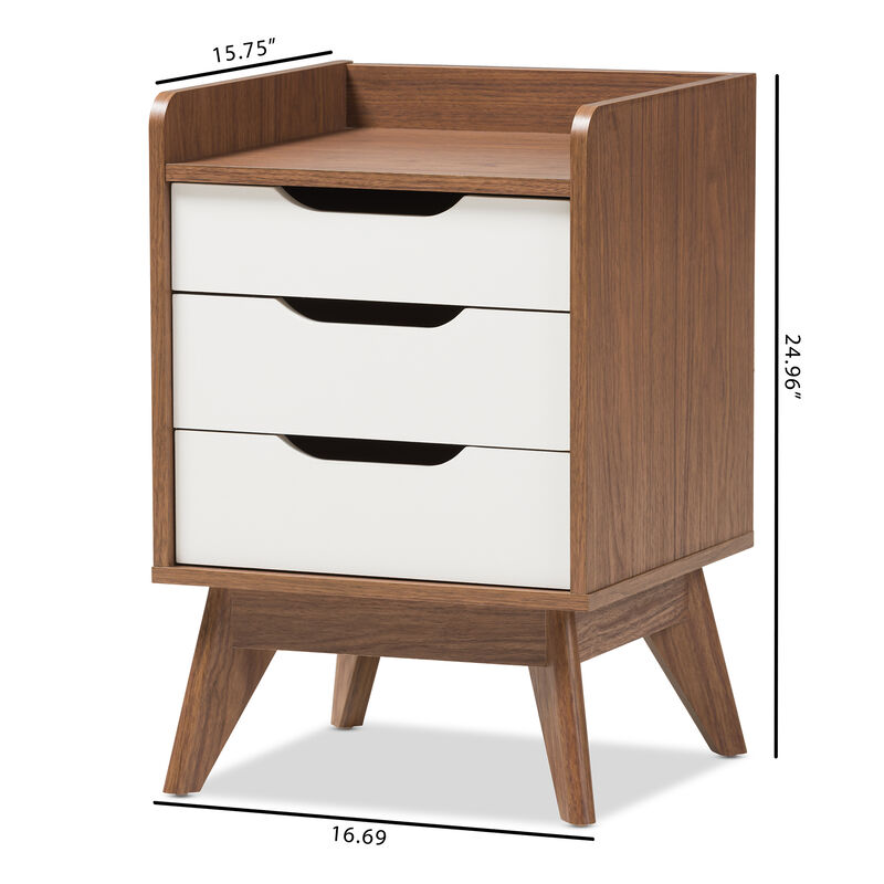 Baxton Studio Brighton Mid Century Modern White And Walnut Wood 3 Drawer Storage Nightstand