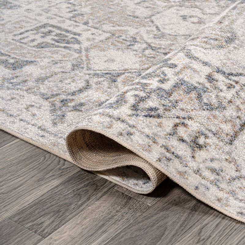 Edith Distressed Medallion Low-Pile Machine-Washable Cream/Light Gray Rug