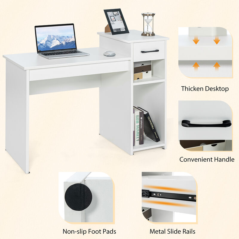 Costway Home Office Computer Desk White Study Desk Laptop Table with Drawer & Storage Shelf