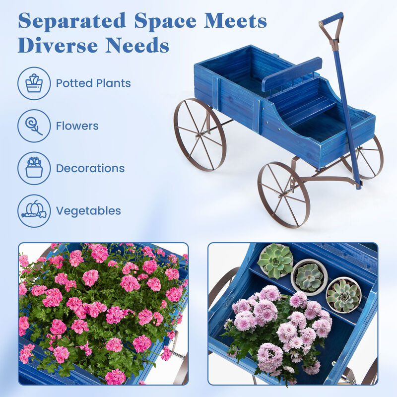 Wooden Wagon Plant Bed With Wheel for Garden Yard