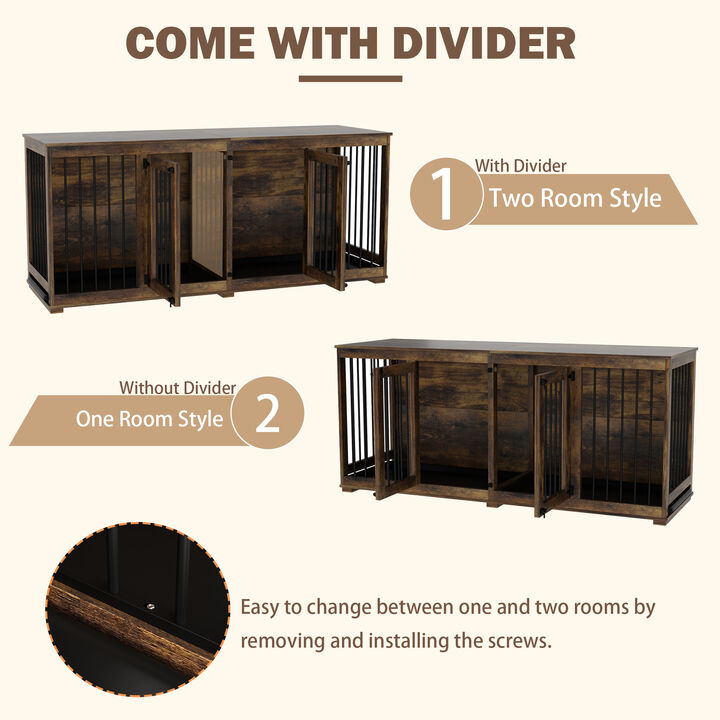 Tiger Skin Dog Crate Furniture for 2 Dogs, 71 in. Heavy-Duty Wooden Dog Crate with Trays & Divider for Large Medium Dogs