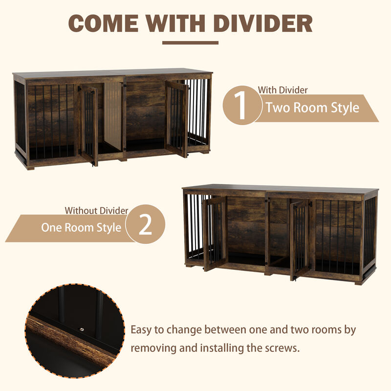 Tiger Skin Dog Crate Furniture for 2 Dogs, 71 in. Heavy-Duty Wooden Dog Crate with Trays & Divider for Large Medium Dogs