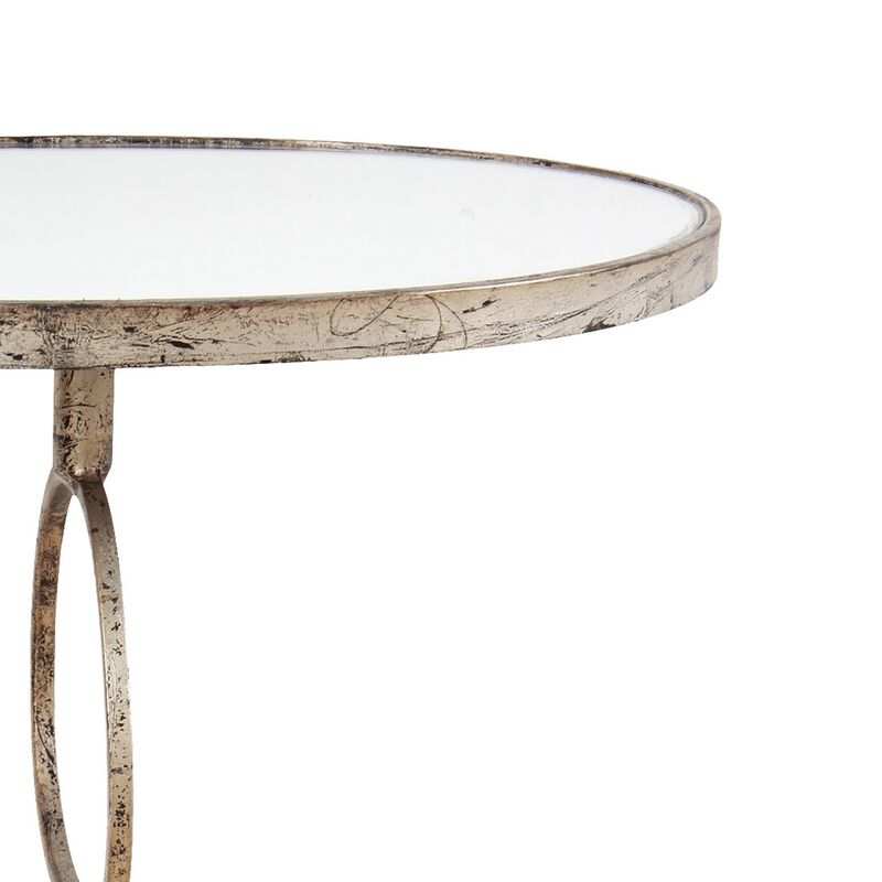 28 Inch Accent Side Table, Oval Mirror Top, Metal Base, Rustic Gold Finish - Benzara